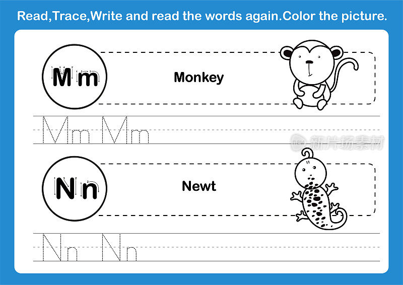 Alphabet M-N exercise with cartoon vocabulary for coloring book